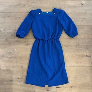 Vintage Women's Royal Blue Midi Dress Cinched at Waist Size 10
